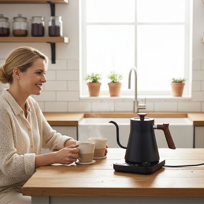 Bouilloir noir femme deux tasses brevage chaud