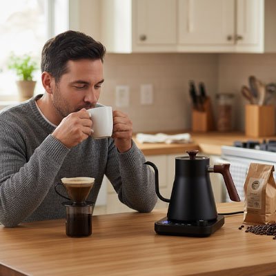 Bouilloir noir homme deguste tasse brevage chaud