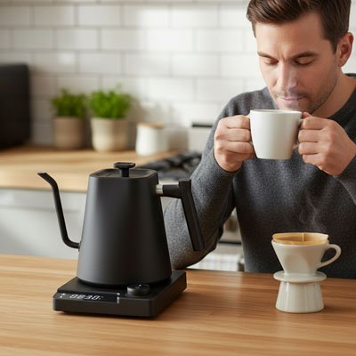 Bouilloire Électrique homme deguste bon café