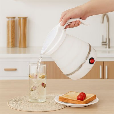 Bouilloire pliable blanche dame coule eau chaude verre herbe 
