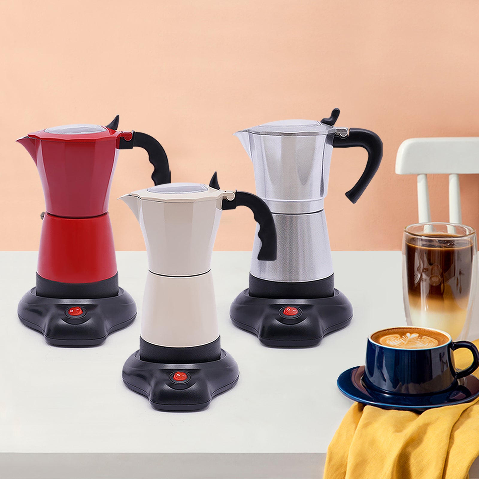 Cafetieres italienne moka socle chauffant trois couleurs
