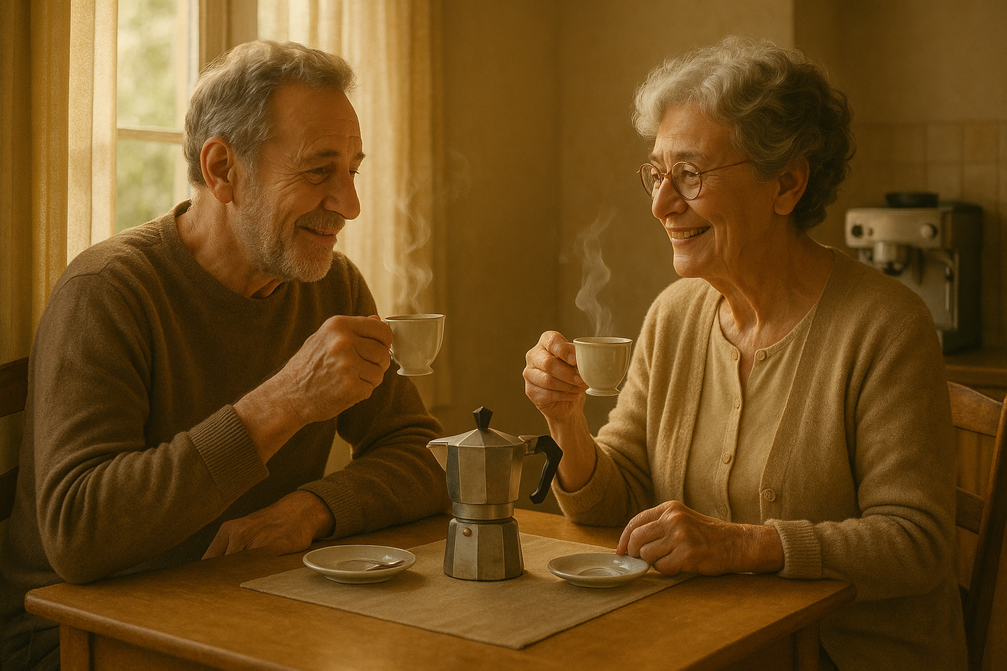 Couple dégustant un café préparé avec cafetière italienne moka
