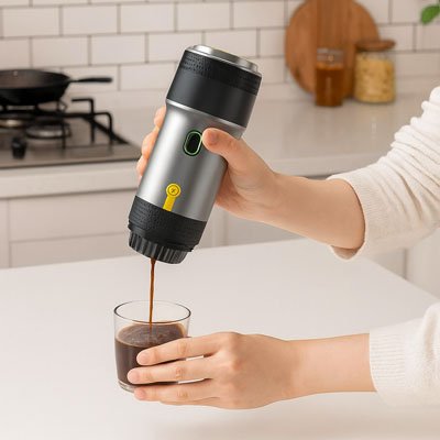 Machine expresso manuelle dame main coule tasse café table
