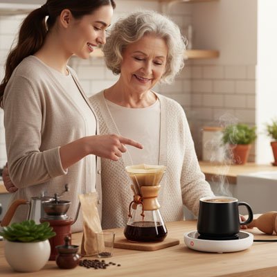 Mere fille boivent cafe chaud