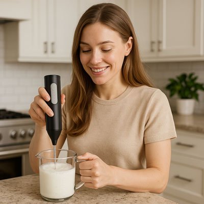 Mousseur a lait noir dame mousse tasse lait comptoir