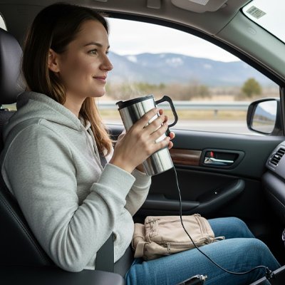 Bouilloire de voyage dame savoure breuvage chaud vehicule