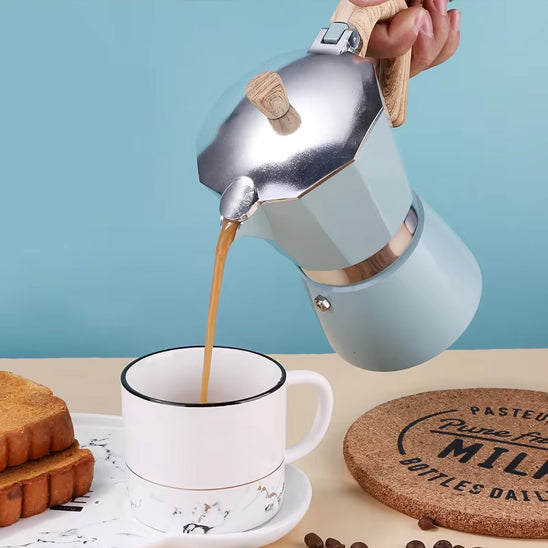 cafetiere italienne moka bleu poigne bois verre cafe