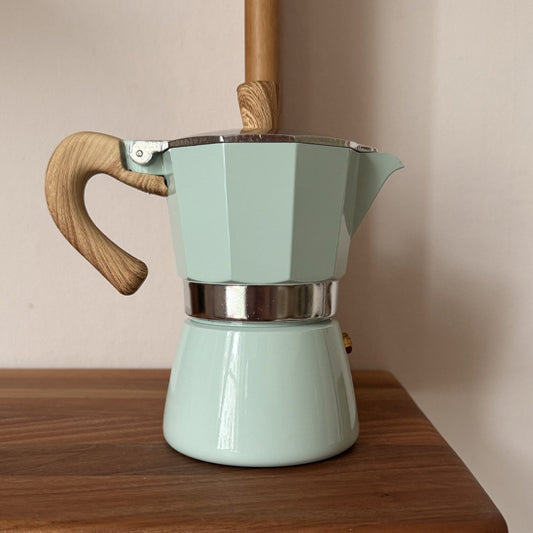cafetiere italienne moka bleu poigne bois