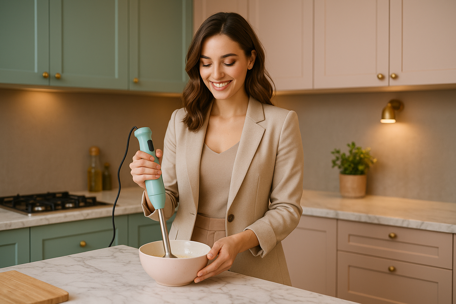 Jeune femme cuisinant avec un mixer plongeant vert pâle dans une cuisine raffinée