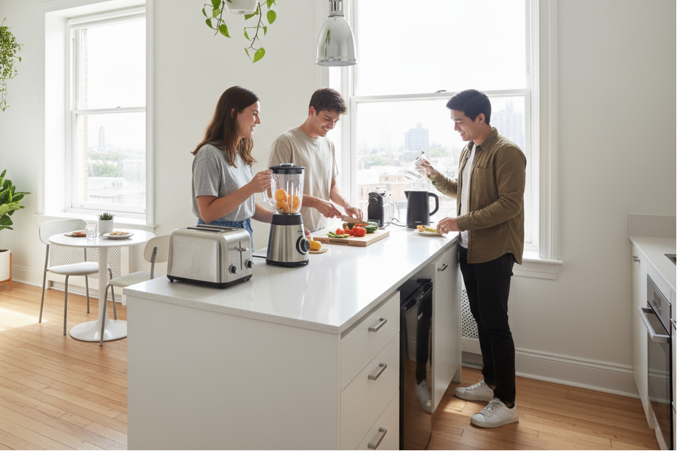 jeunes étudiant studio clair repas petits electro-menagers 