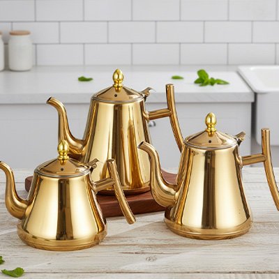 Théière-Bouilloire-montre-difference-grandeur-doré