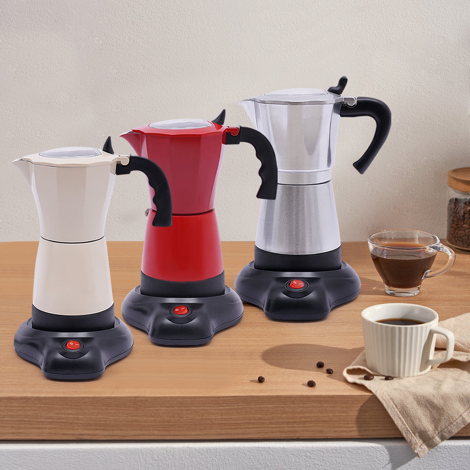 trois-cafetiere italienne Moka socle chauffant blanc rouge argent