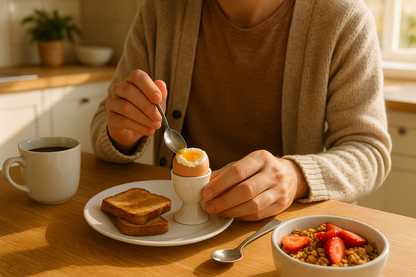 Une personne mange un œuf à la coque au petit-déjeuner